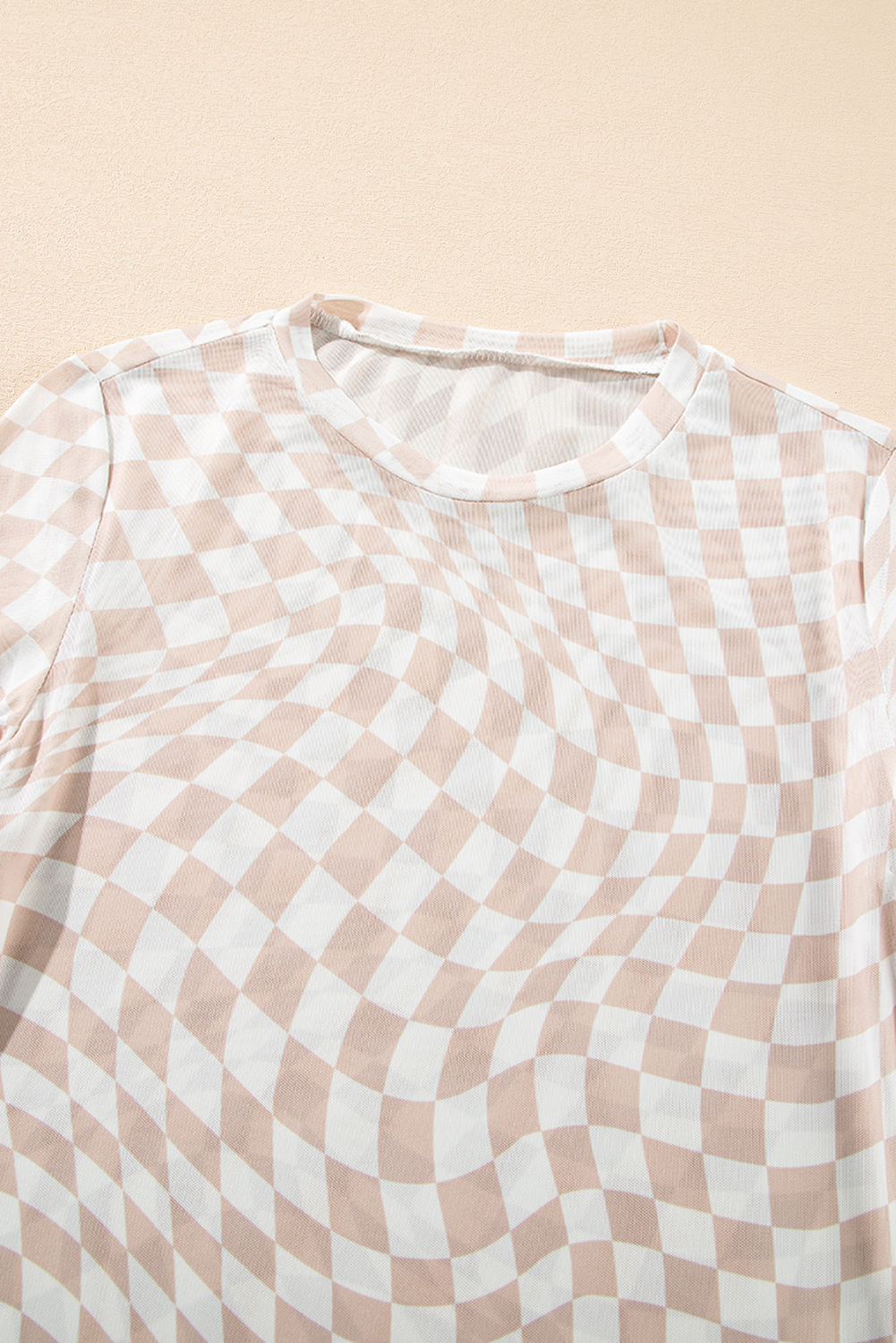 Khaki Checkered Pattern Mesh Mock Neck Long Sleeve Top