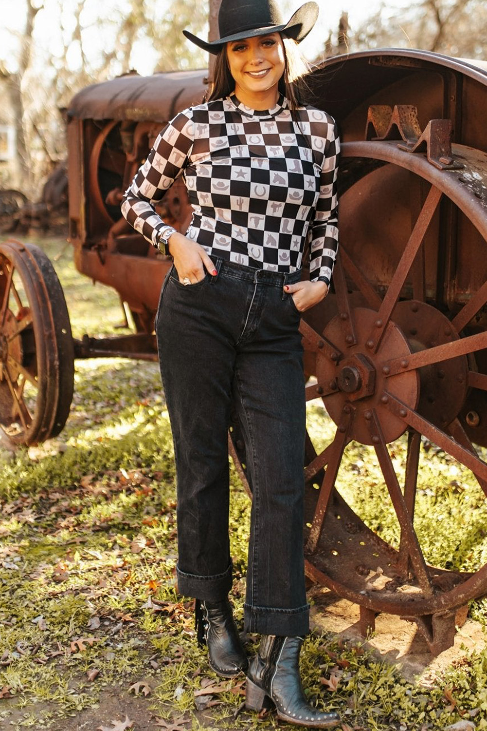 Khaki Checkered Pattern Mesh Mock Neck Long Sleeve Top