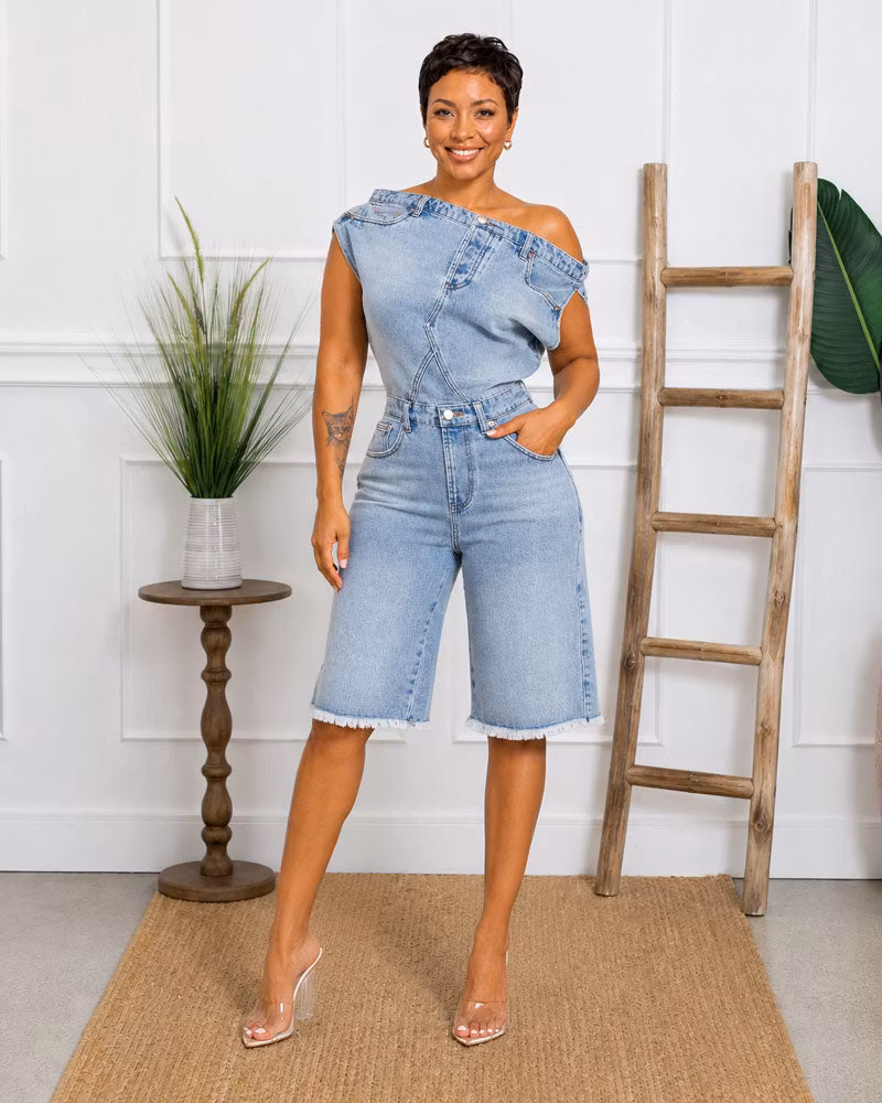 Off Script Denim Jort Romper - cutemingle