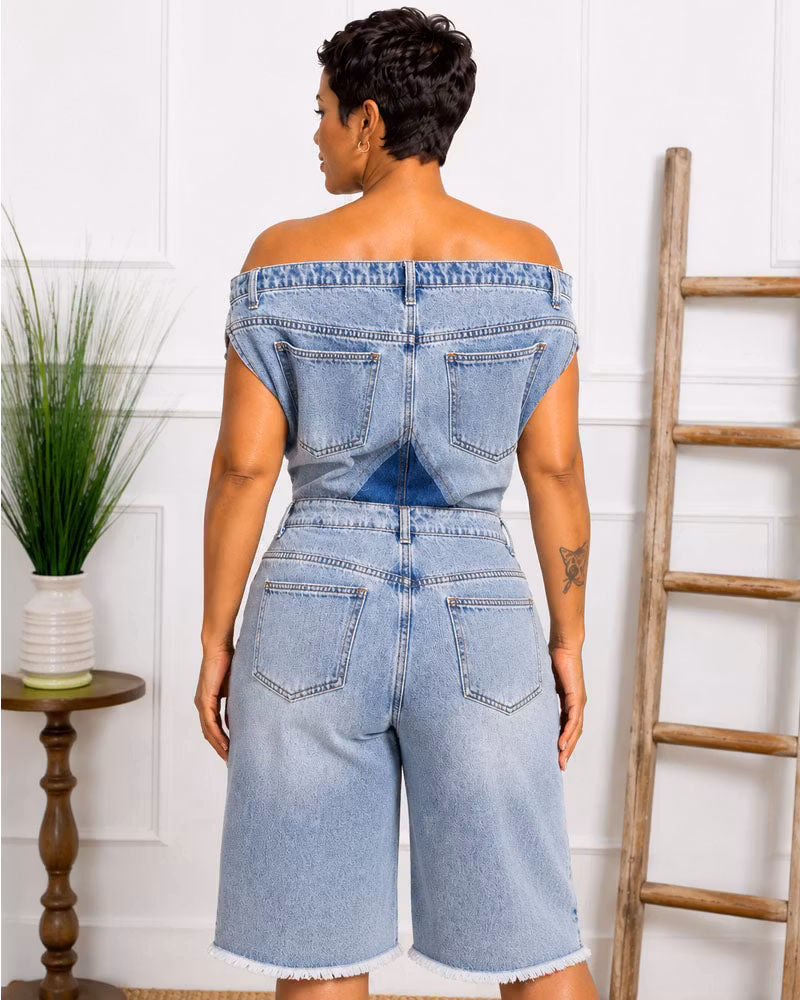 Off Script Denim Jort Romper - cutemingle