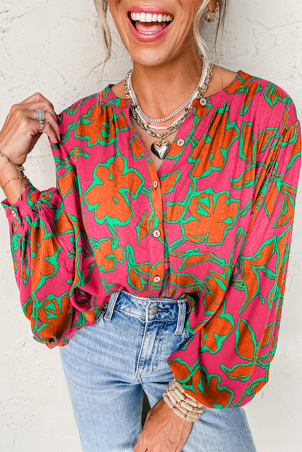 Rose Floral Print Batwing Sleeve Buttoned Loose Fit Shirt