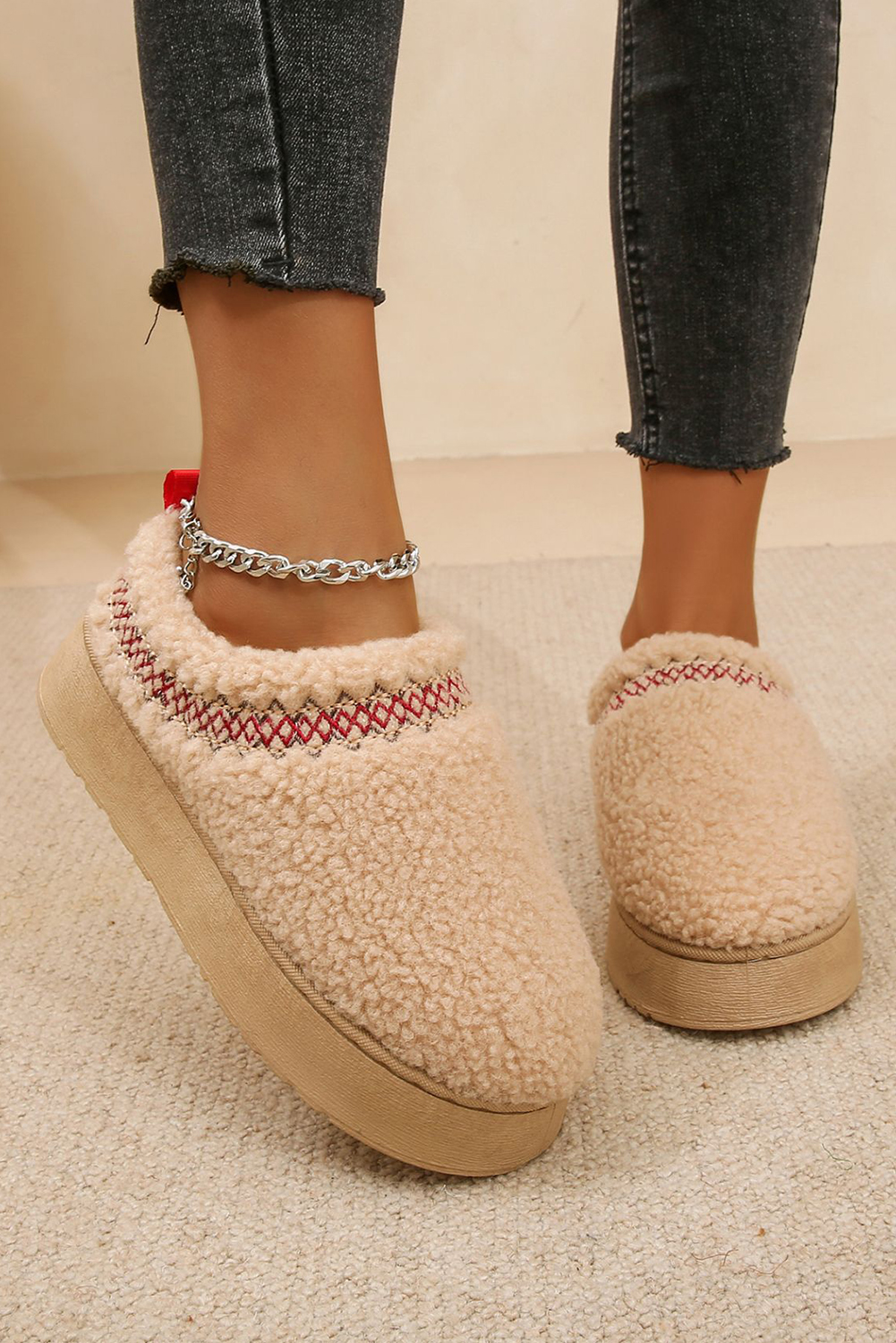 Oatmeal Embroidered Sherpa Plush Thick Sole Snow Boots