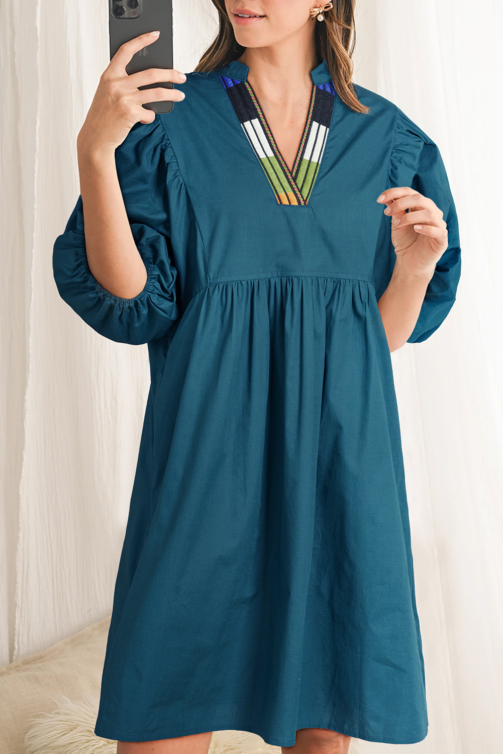 Blue Sapphire Colorblock Split V Neck Puff Sleeve Mini Dress