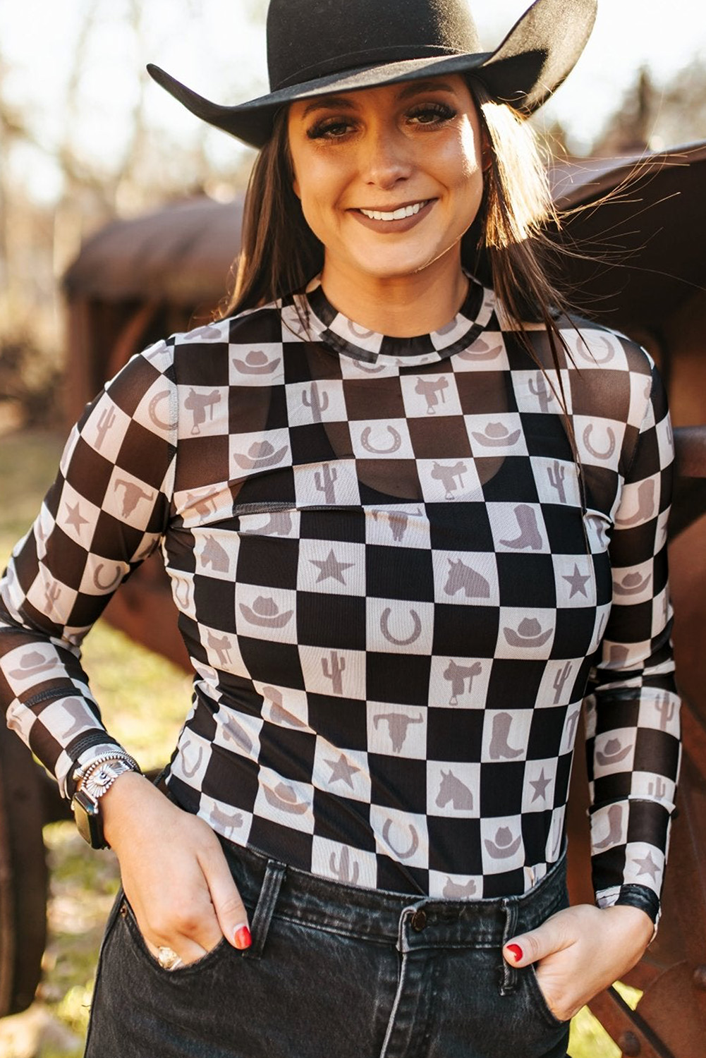 Khaki Checkered Pattern Mesh Mock Neck Long Sleeve Top