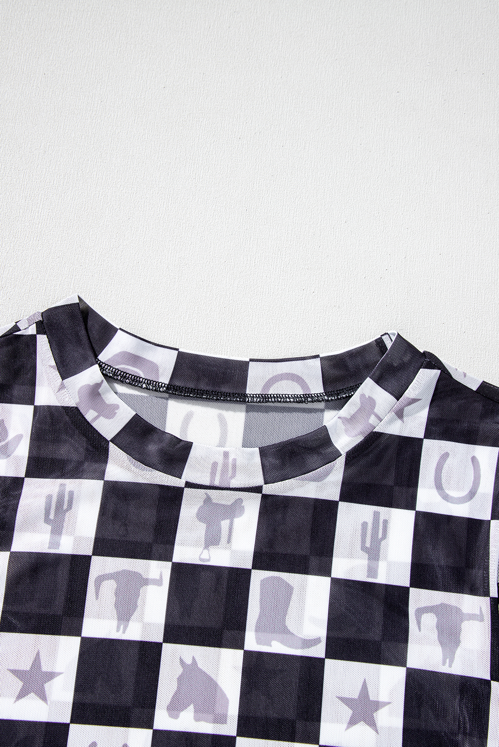 Khaki Checkered Pattern Mesh Mock Neck Long Sleeve Top