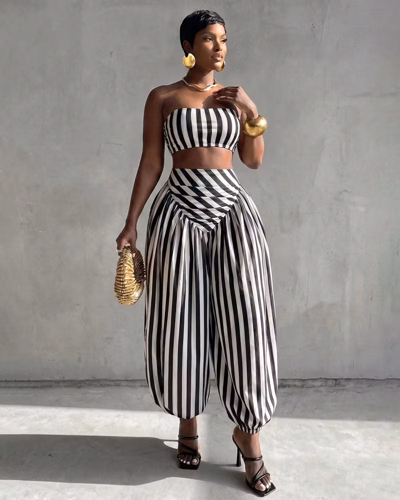 Center Stage Striped Balloon Pant Set - cutemingle