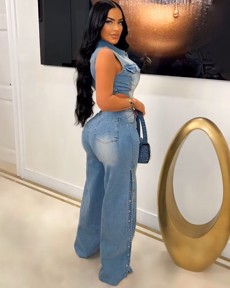 Snap It Out Wide Leg Denim Jumpsuit - cutemingle