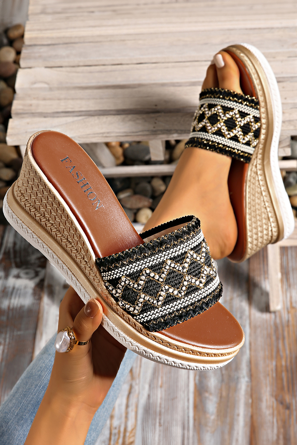 Black Woven Band PU Leather Wedge Slippers