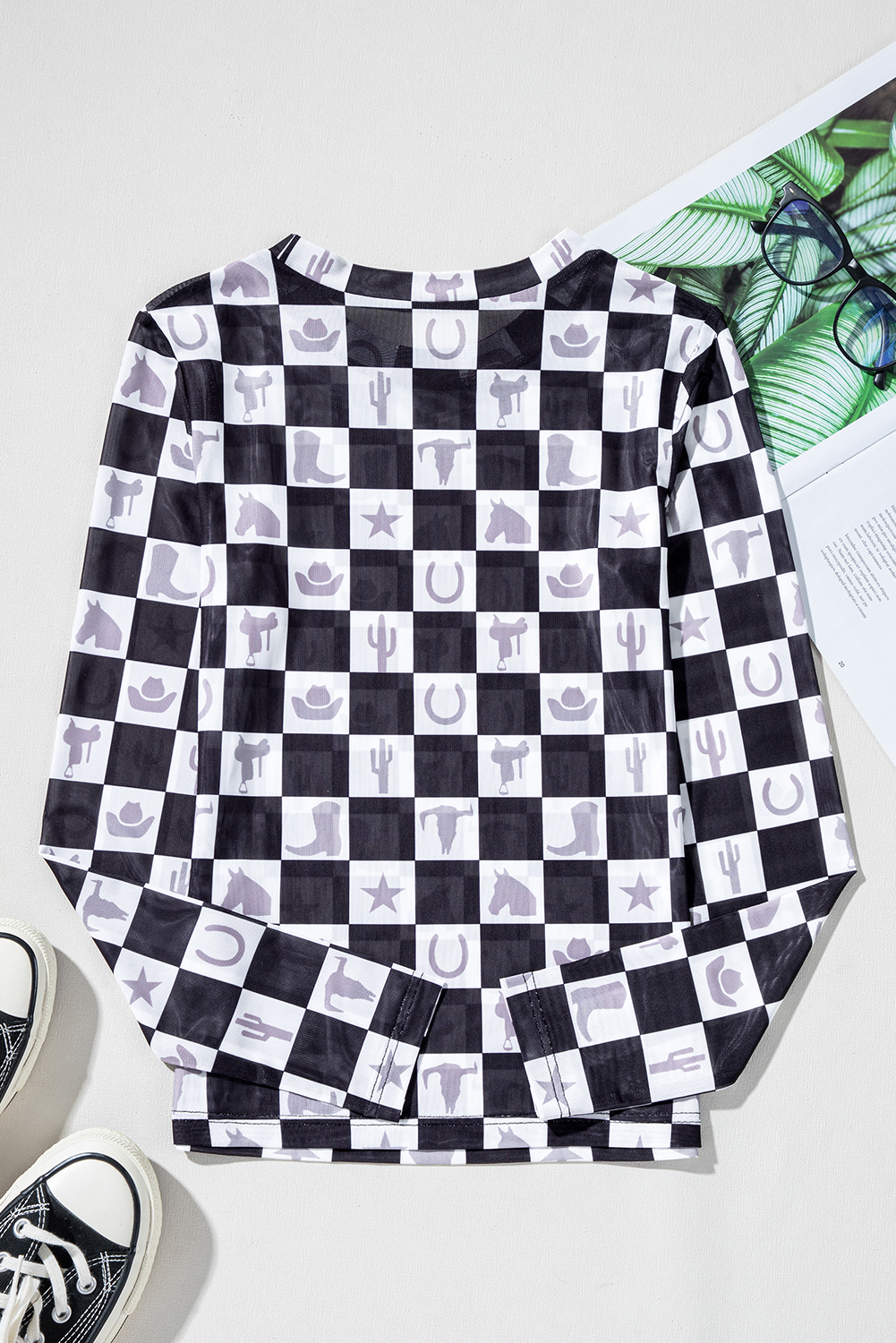 Khaki Checkered Pattern Mesh Mock Neck Long Sleeve Top