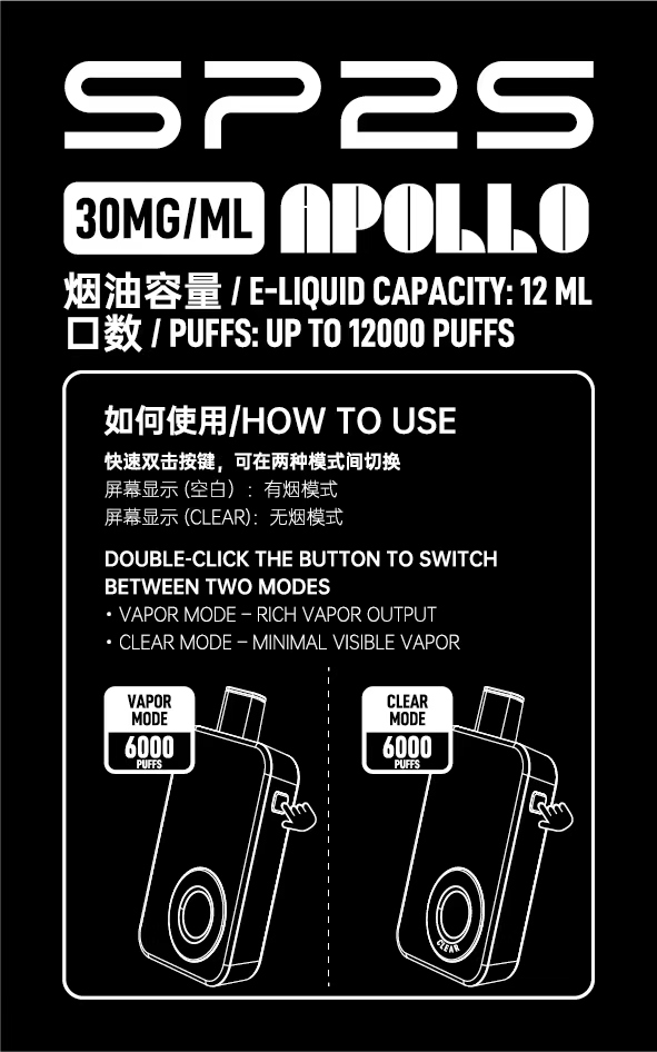 【A倉】SP2S APOLLO 抛棄式 12000口 革命性「無煙模式」可室内使用