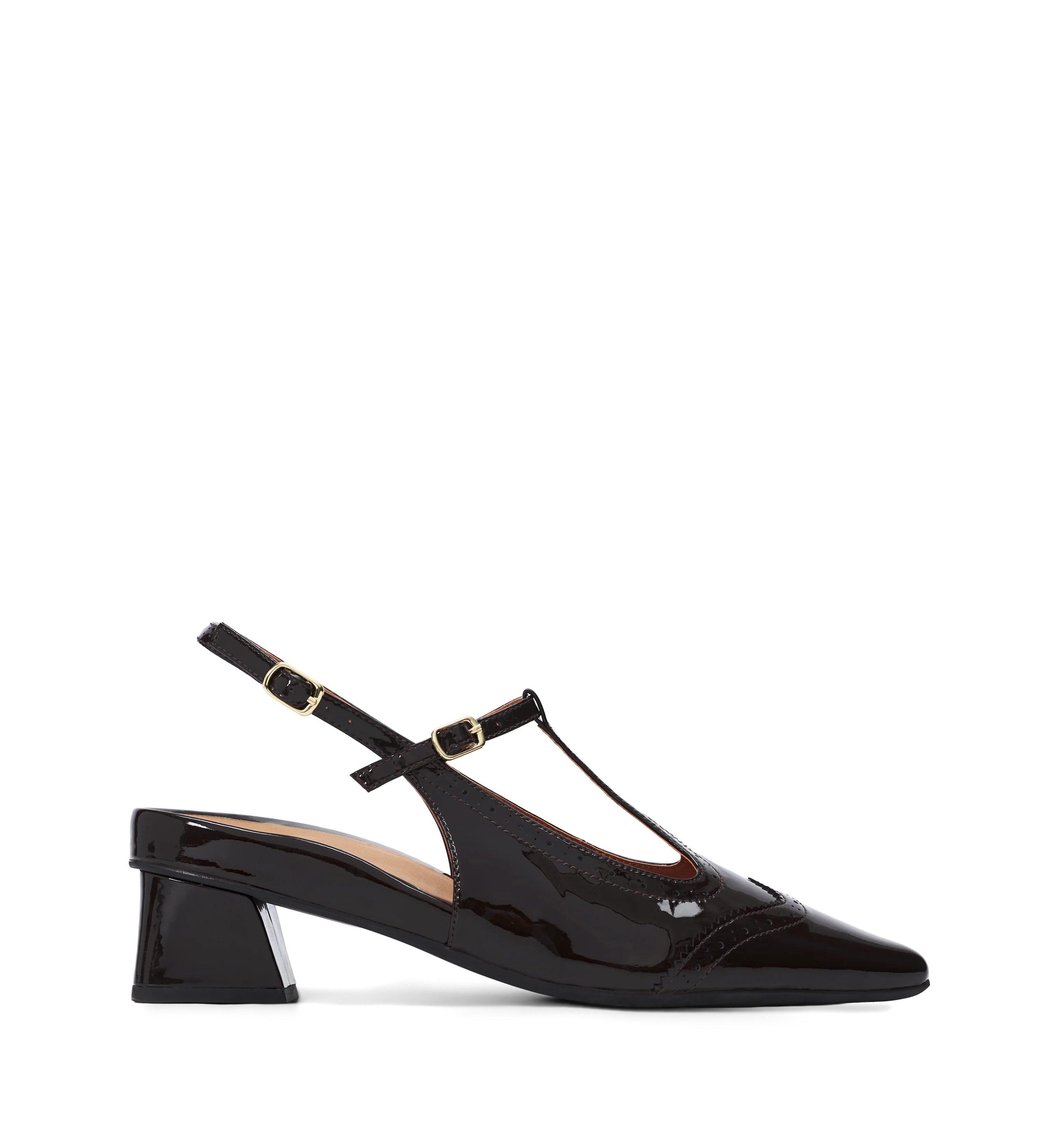 Numida Chocolate Brown Patent Leather & Brogue Detail Low Heels