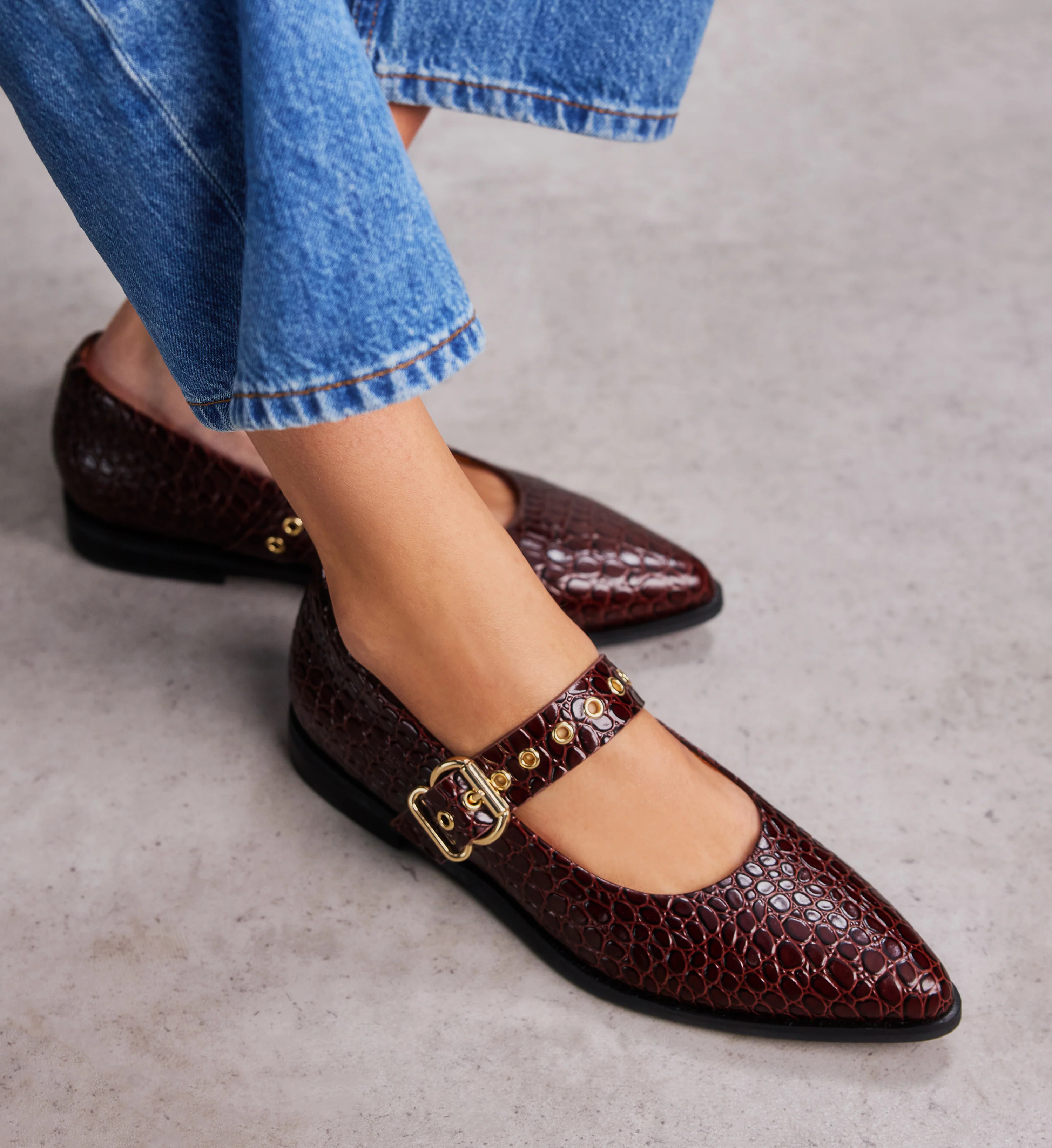 Dotterel Mahogany Brown Croc Emboss Leather Ballet Flats
