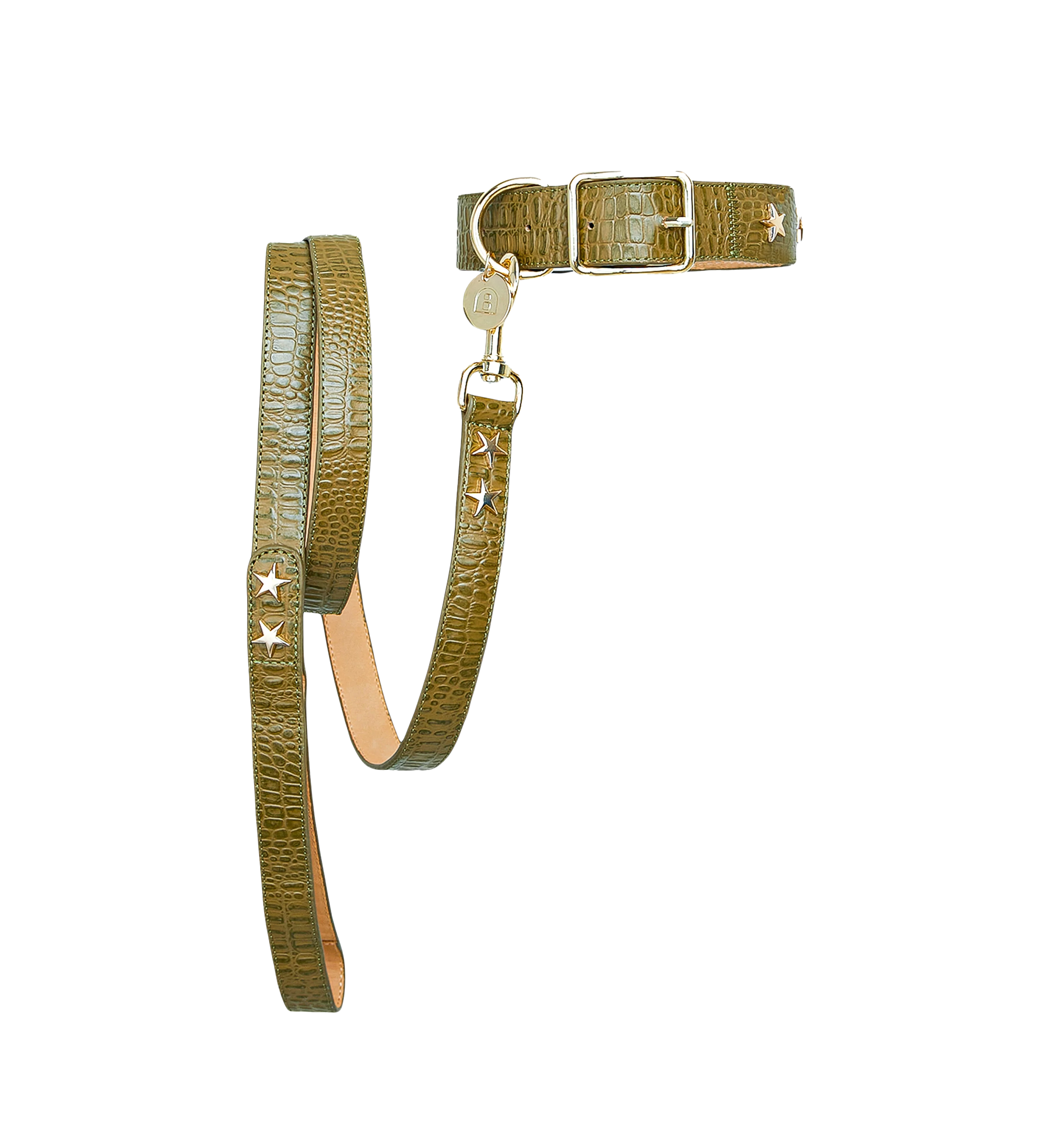 Dog Collar & Lead Green Croc Emboss Leather
