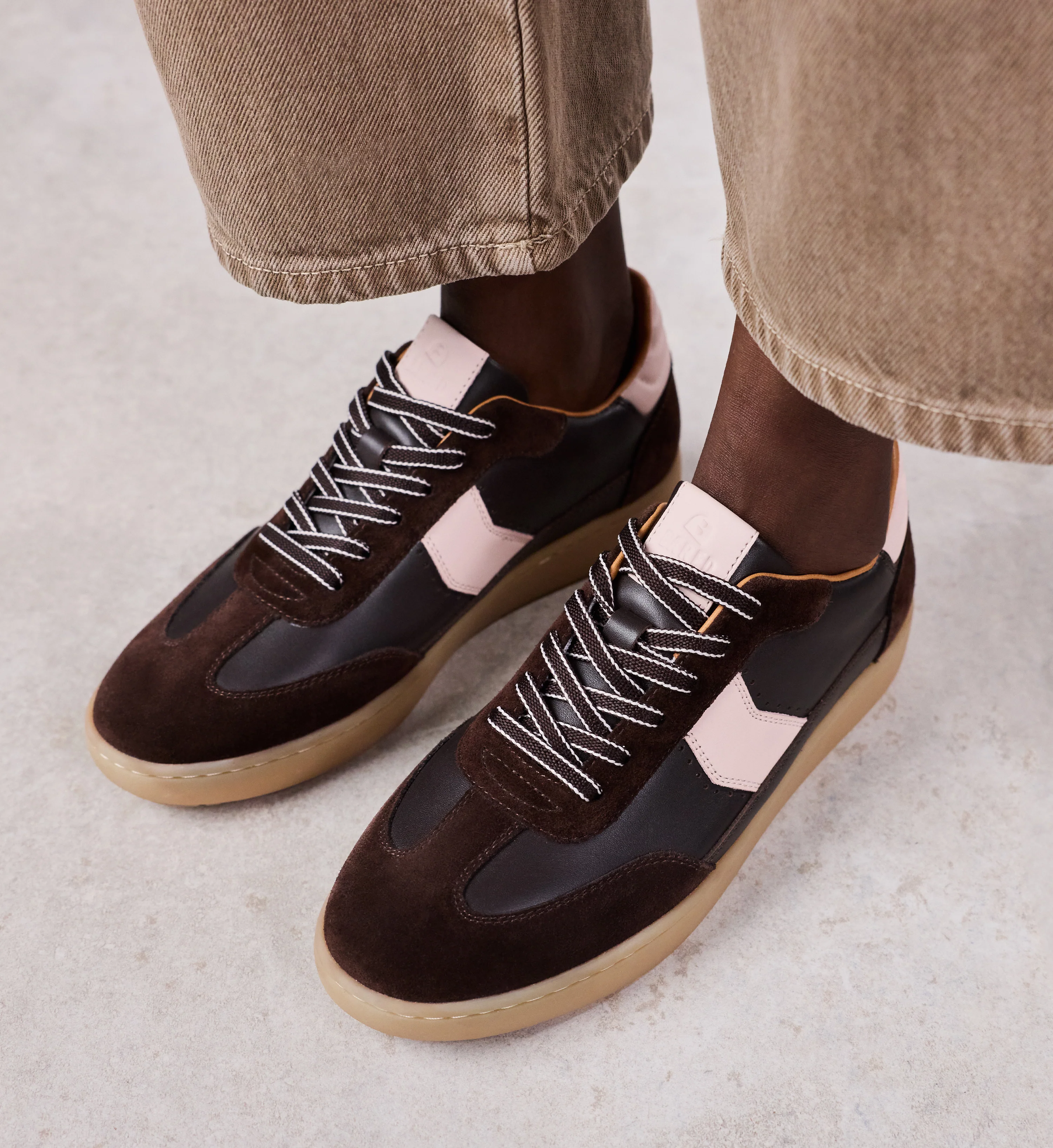 Amakihi Chocolate Brown & Pink Leather & Suede Sneakers