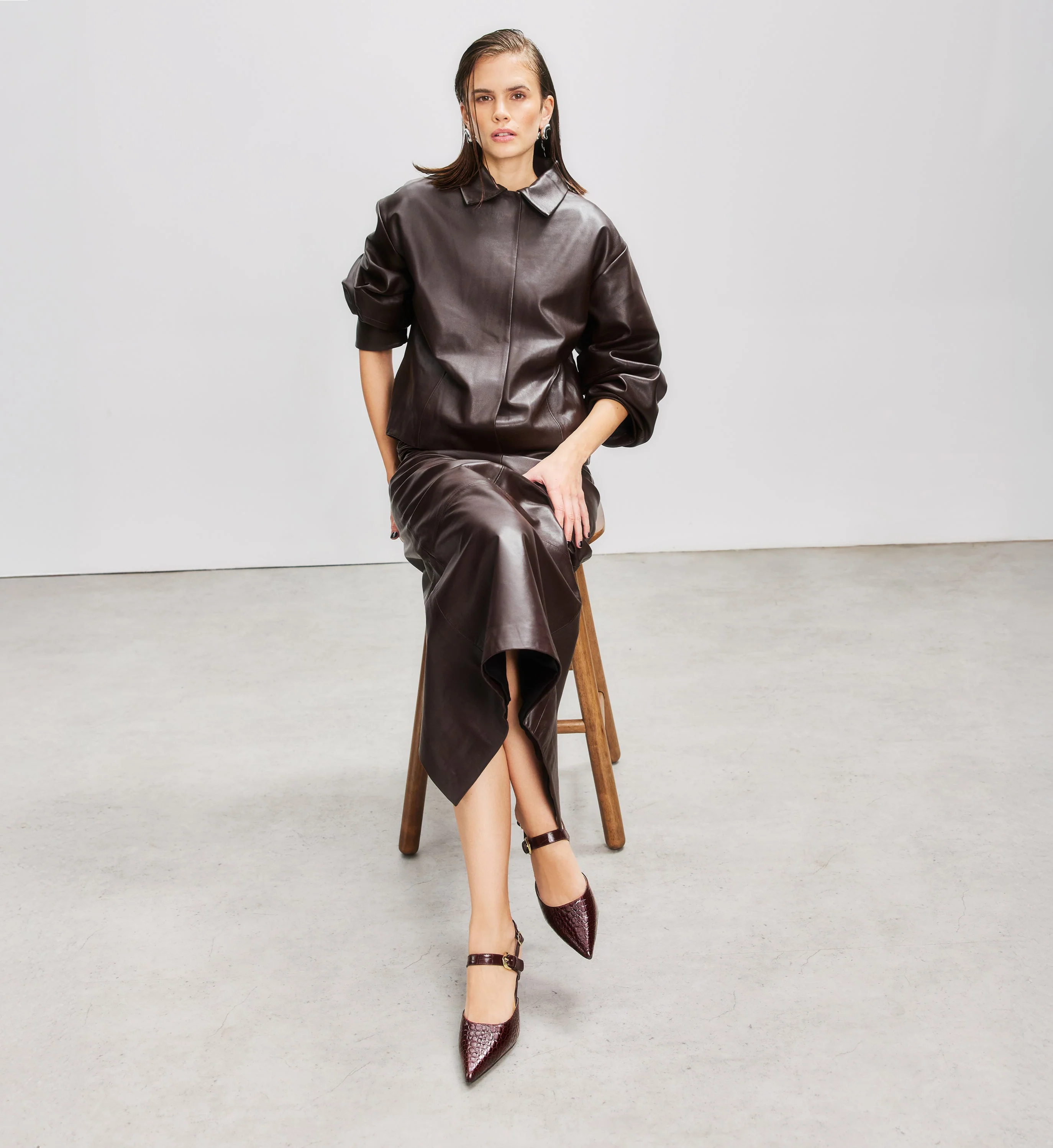 Sasia Mahogany Brown Croc Emboss Leather Low Heels