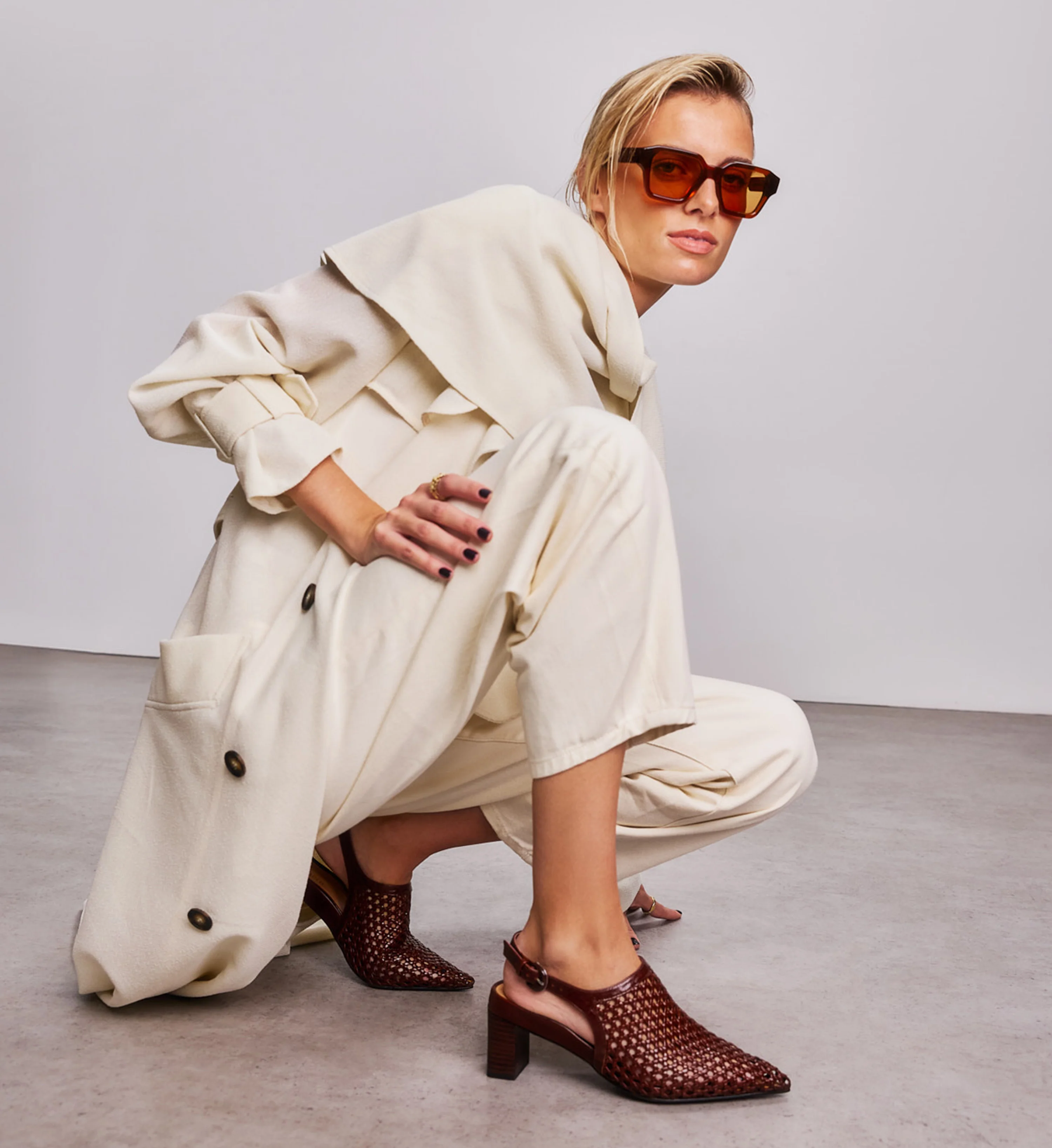 Gannet Mocha Brown Woven Leather Low Heels