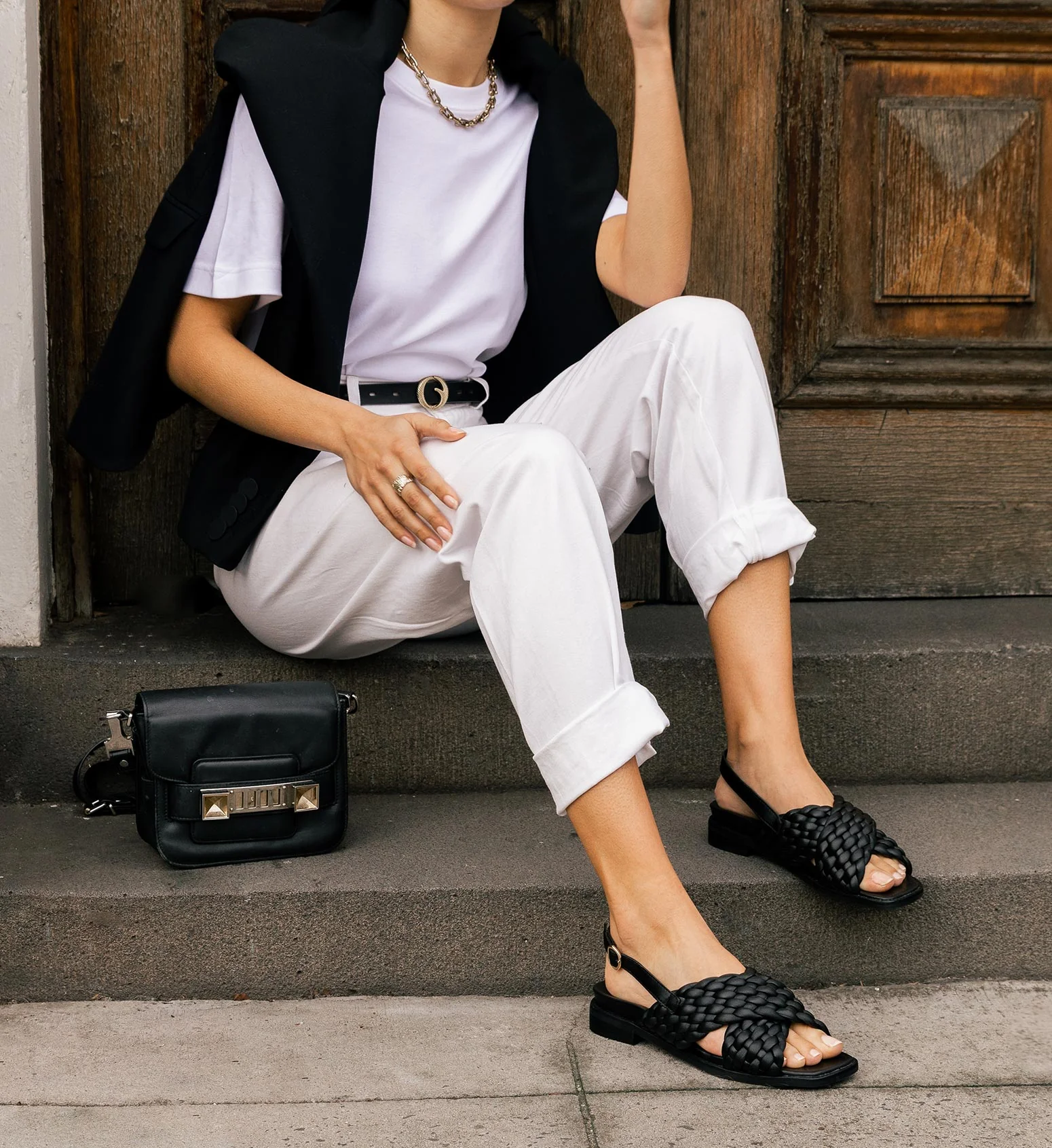 Galosh Black Leather Flat Sandals