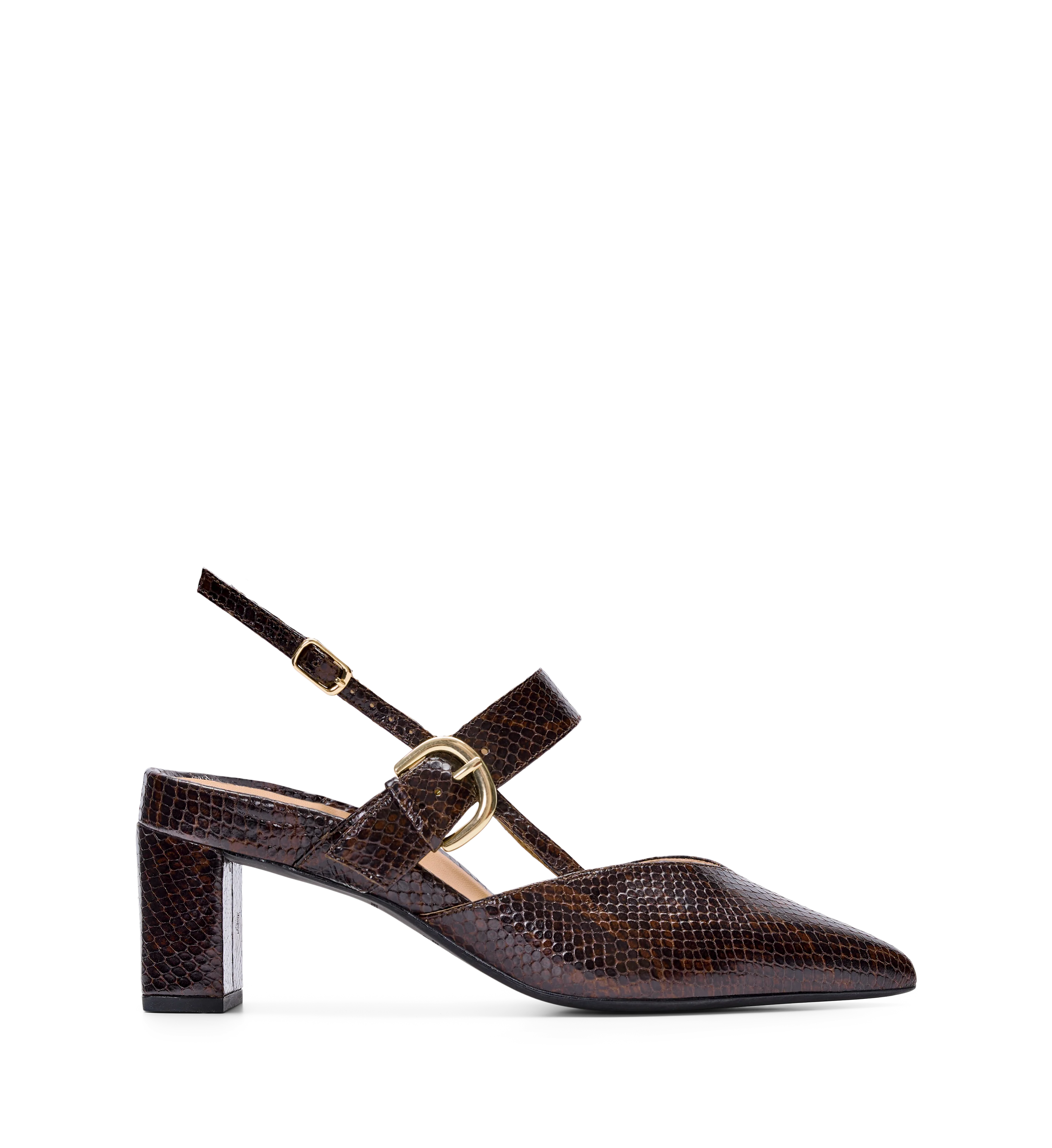 Lancebill Chocolate Brown Snake Emboss Leather Low Heels