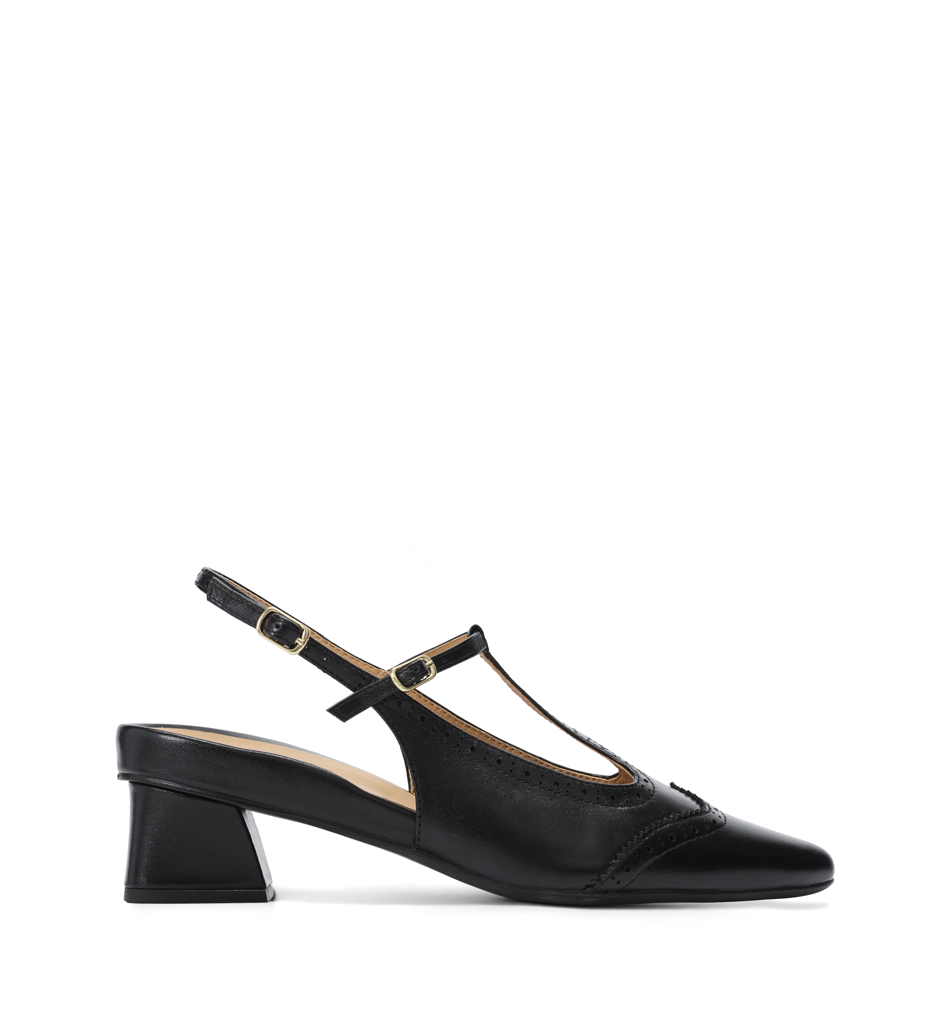 Numida Black Leather & Brogue Detail Low Heels