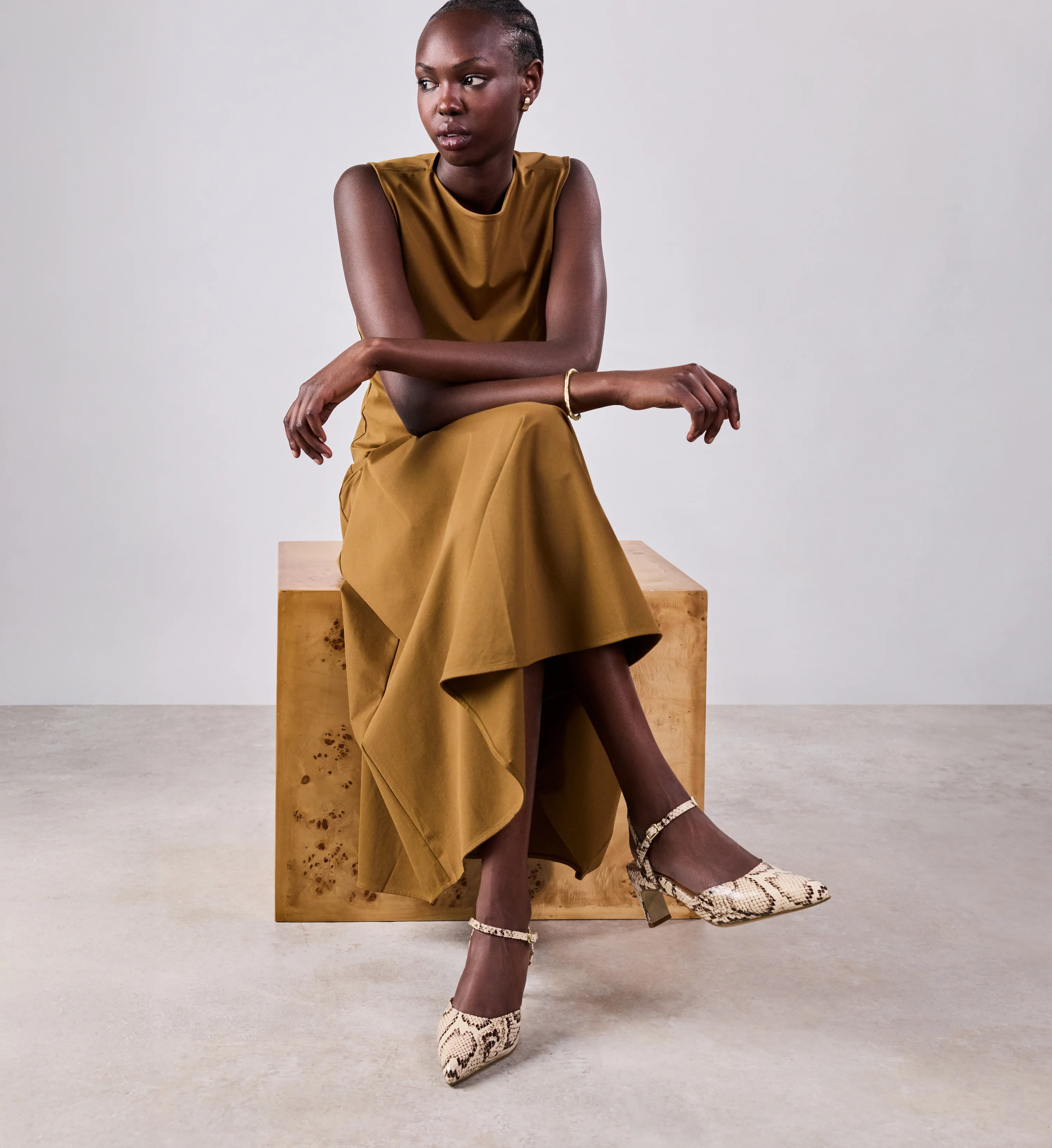 Cygnini Chocolate Brown & Beige Snake Emboss Leather Low Heels