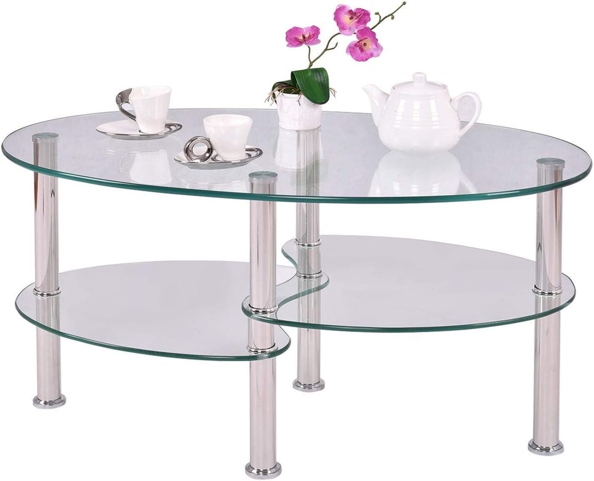 Modern Oval Tempered Glass Coffee Table with Bottom Shelf - sobrietycorner