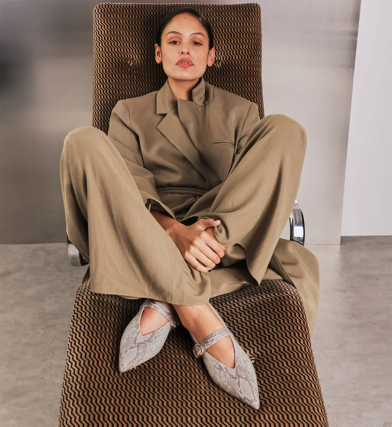 Freira Beige Snake Emboss Leather Ballet Flats