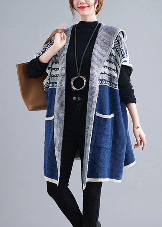 Blue hooded Casual side open Short Sleeve Fall Knit sweaters Coat