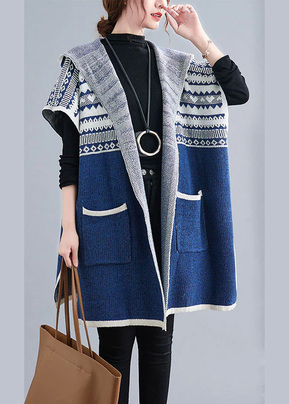 Blue hooded Casual side open Short Sleeve Fall Knit sweaters Coat