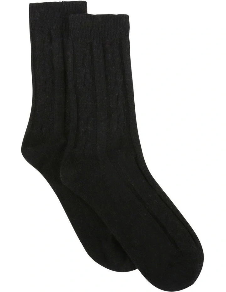 Nina Wool Blend Cable Crew Length Socks in Black
