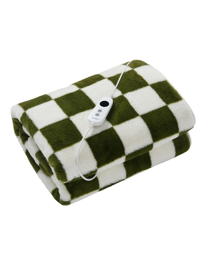 Checkered Plush Heated Throw in Olive/Cream