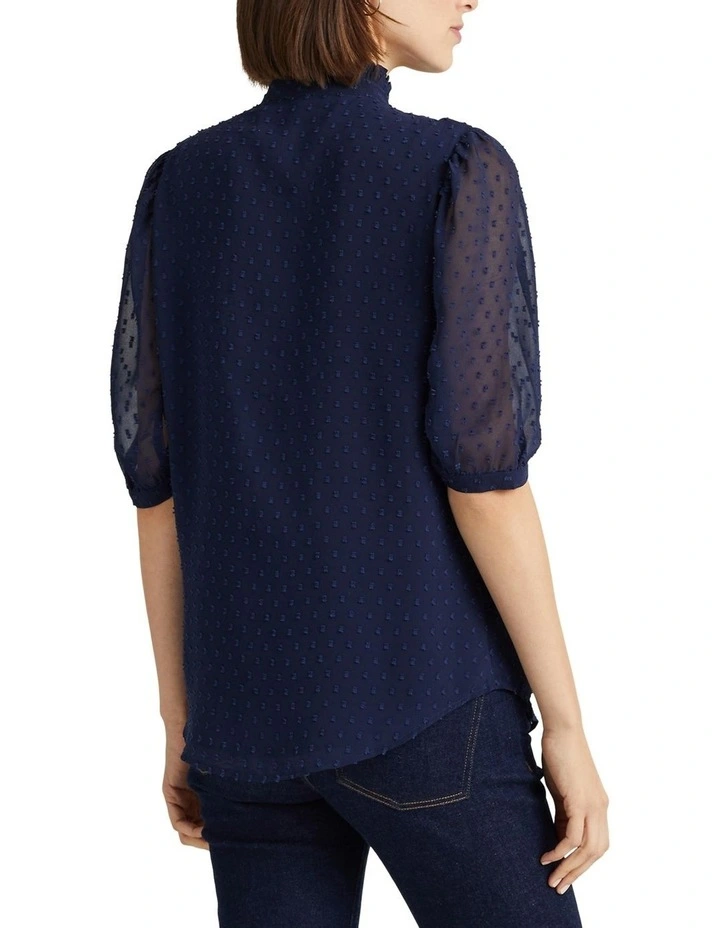 Embroidered Dobby Puff-Sleeve Shirt in Navy