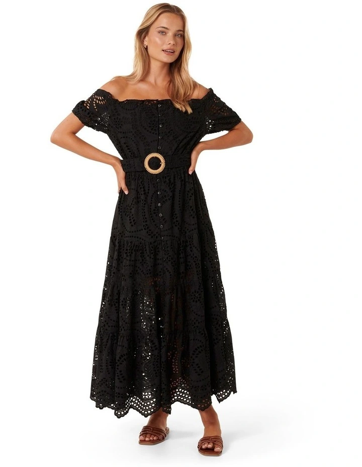 Carol Broderie Bardot Midi Dress in Black