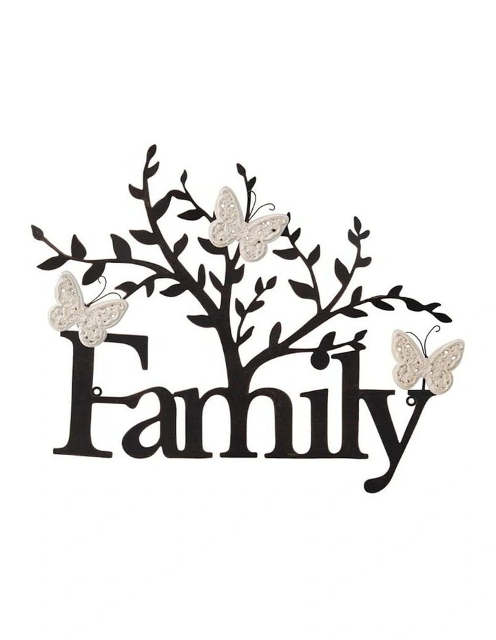 Family Tree of Life and Butterflies Sign Wall Art in Black