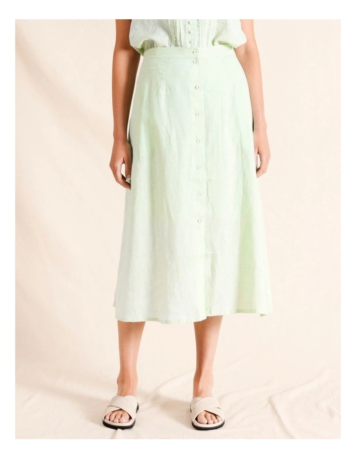 Linen Button Thru Midi Skirt in Mint