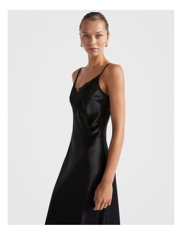 Satin Lace Trim Slip Dress in Black