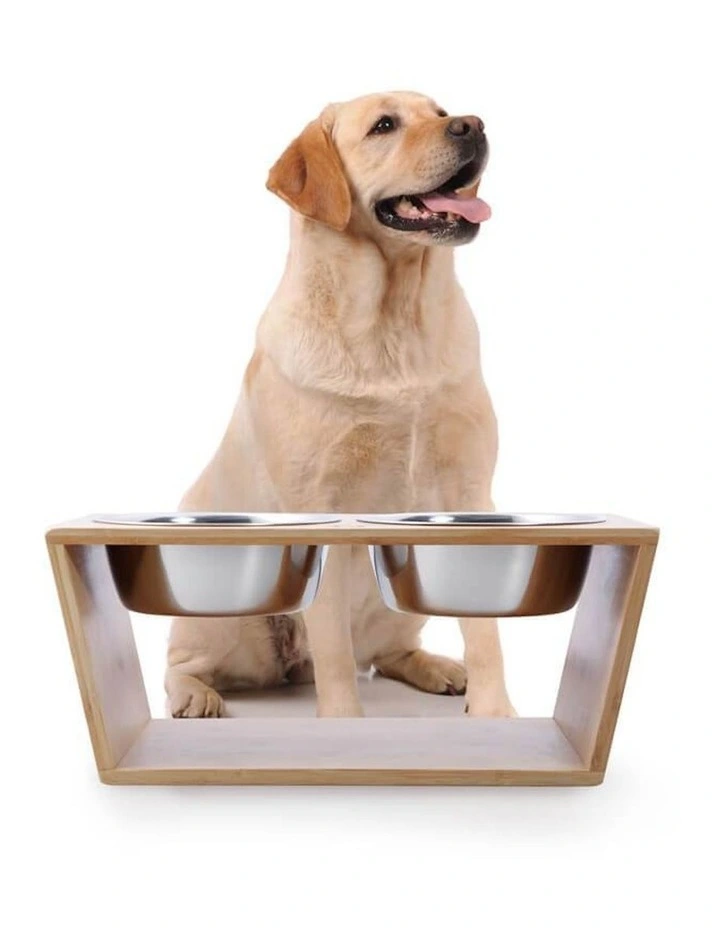 Bamboo Dog Feeder With Stainless Steel Bowls in Natural