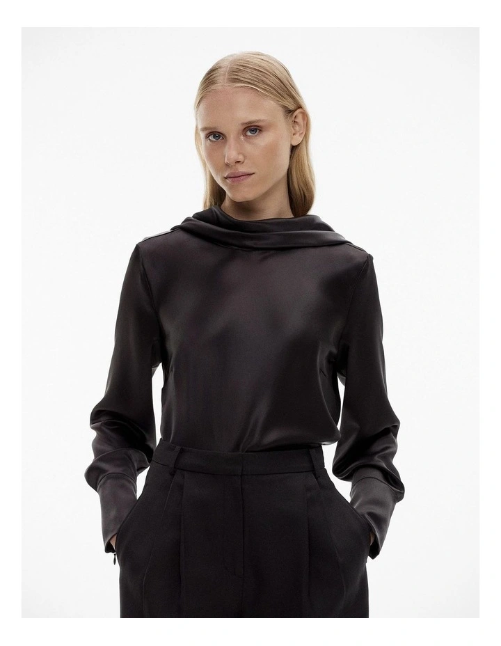 Drape Neck Long Sleeve Blouse in Black