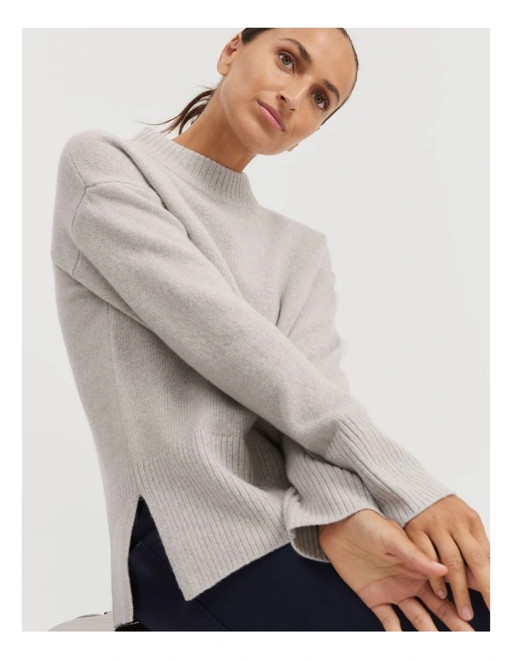 Australian Merino Wool Rib Detail Pullover in Grey Marle