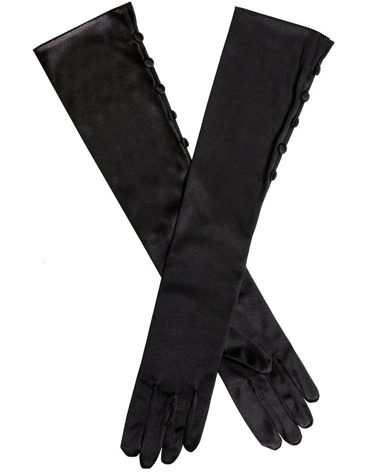 Satin Elbow Length Gloves with Button Trim in Black
