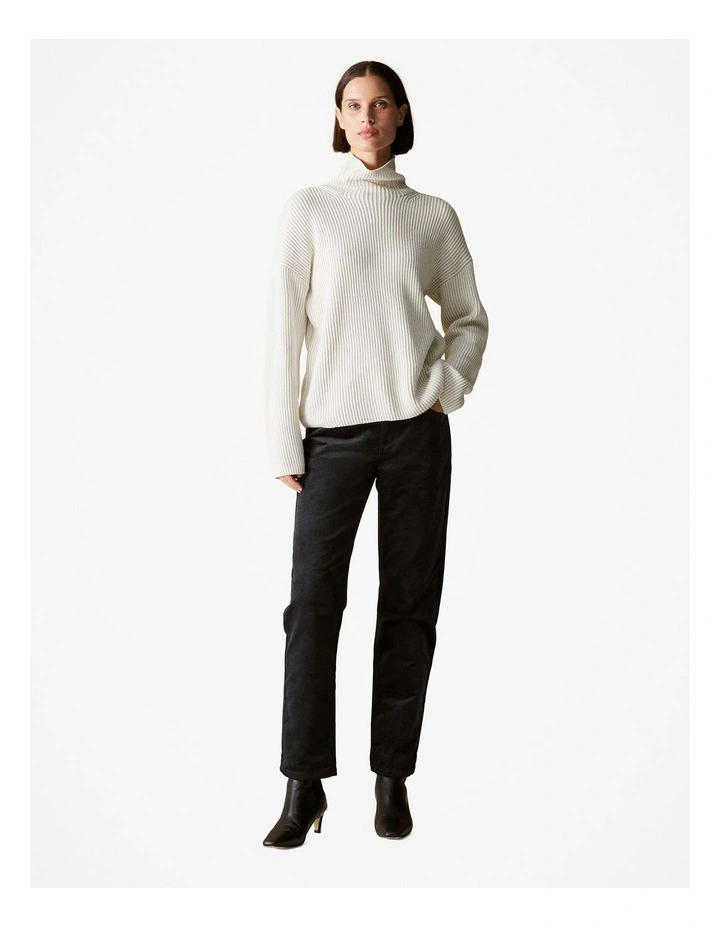 Cotton Cashmere Blend Rib Mock Neck Pullover in Parchment