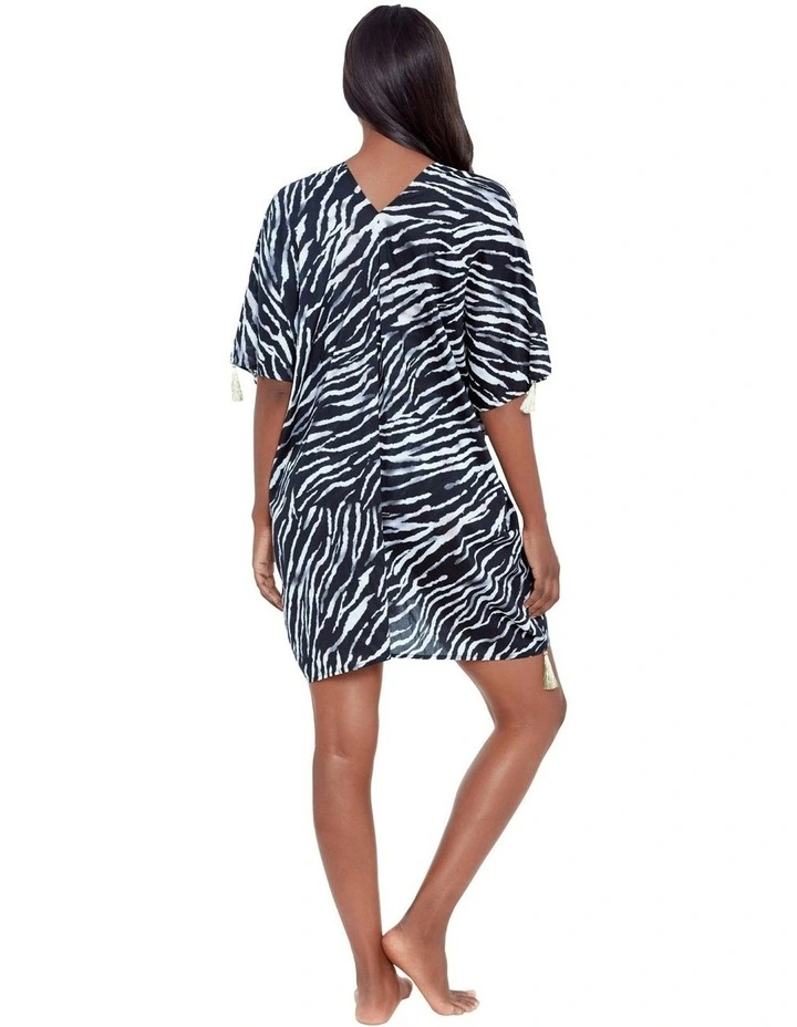 Tigre Sombre Printed Cotton Caftan Beach Coverup in Black/White