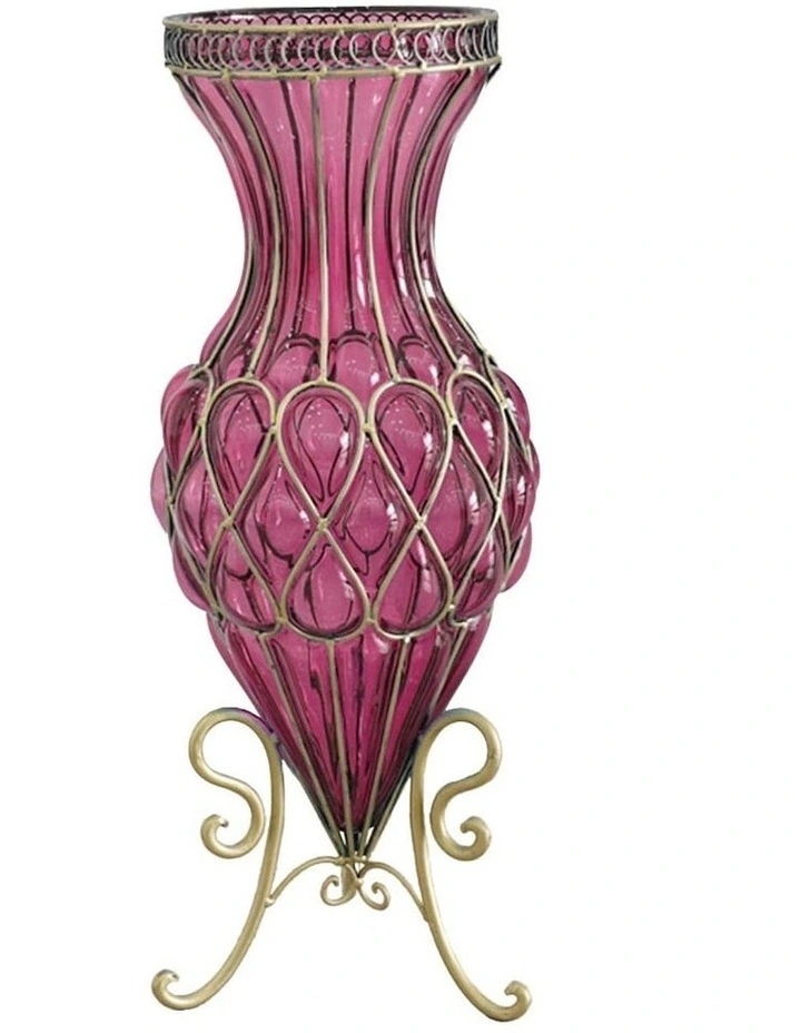 Glass Tall Floor Vase with Metal Flower Stand 67cm in Purple