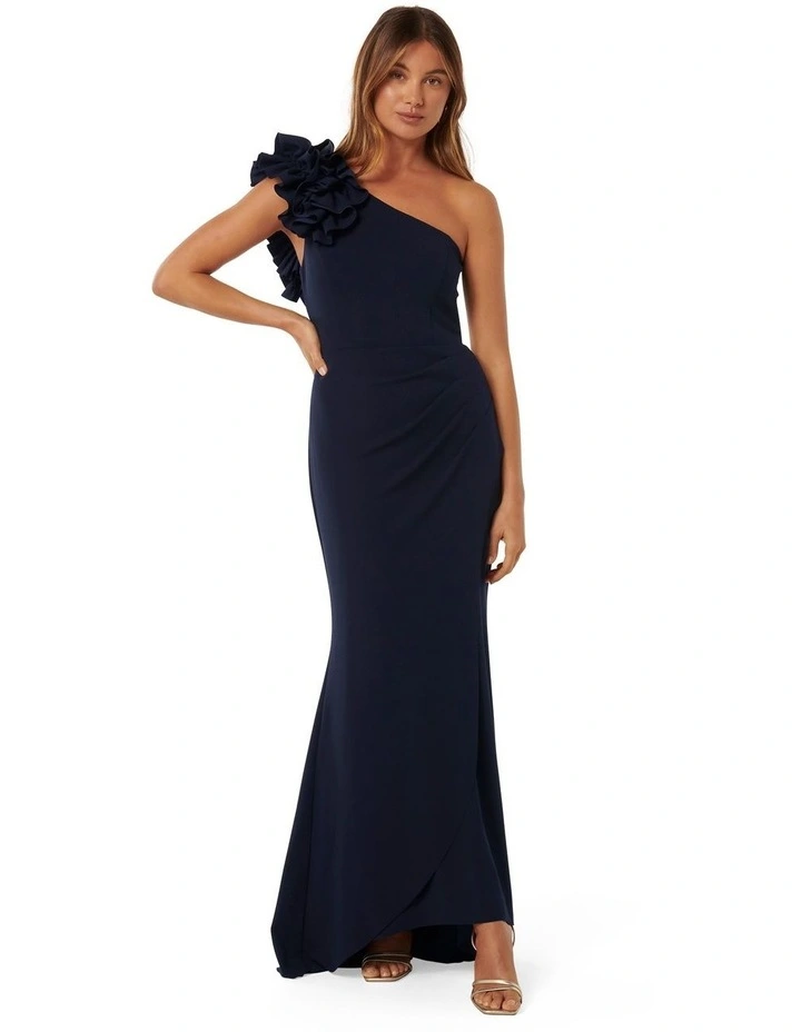 Leanne One Shoulder Ruffle Dress in Navy