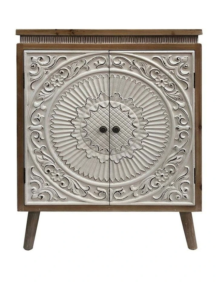 Wooden Mandala Double Door Cabinet Cum Side Table in Distressed White/Natural