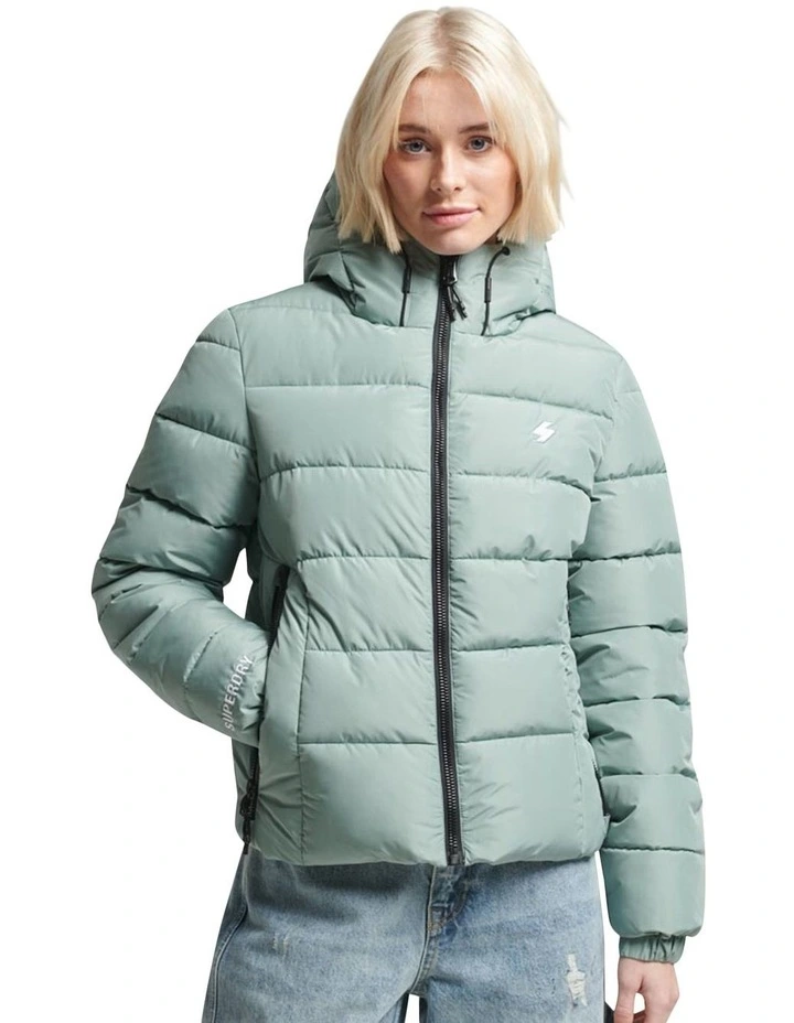 Hooded Sports Puffer Jacket in Light Jade Green