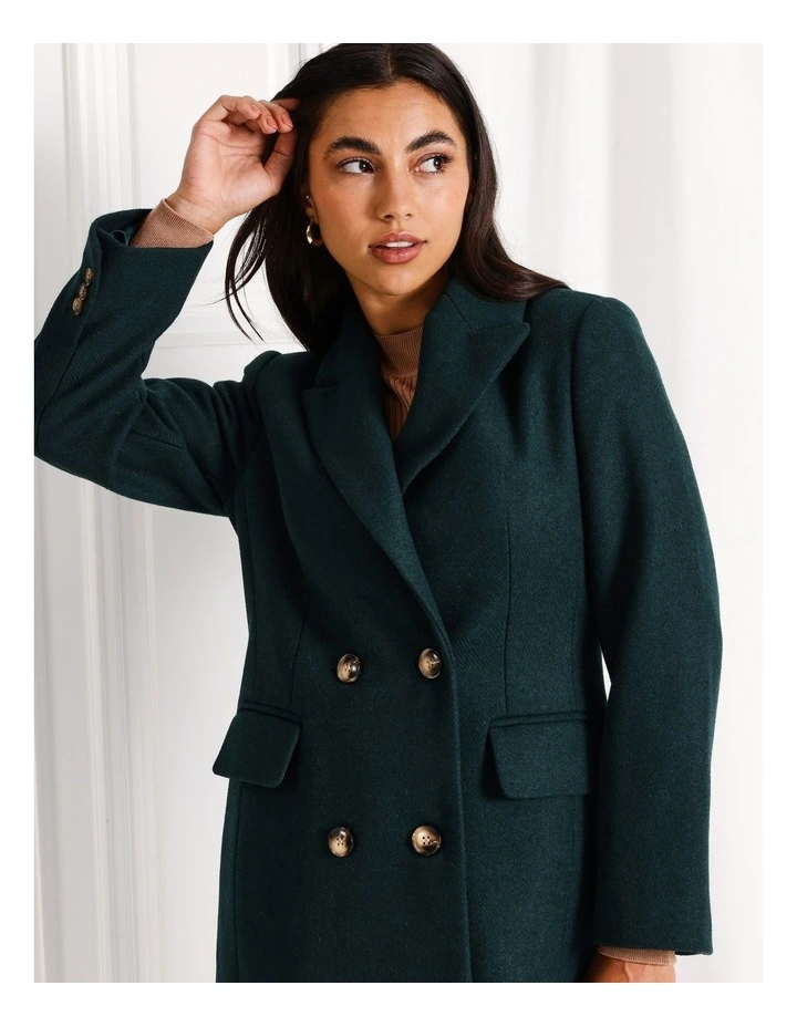 Longline Double Breasted Coat in Dark Green