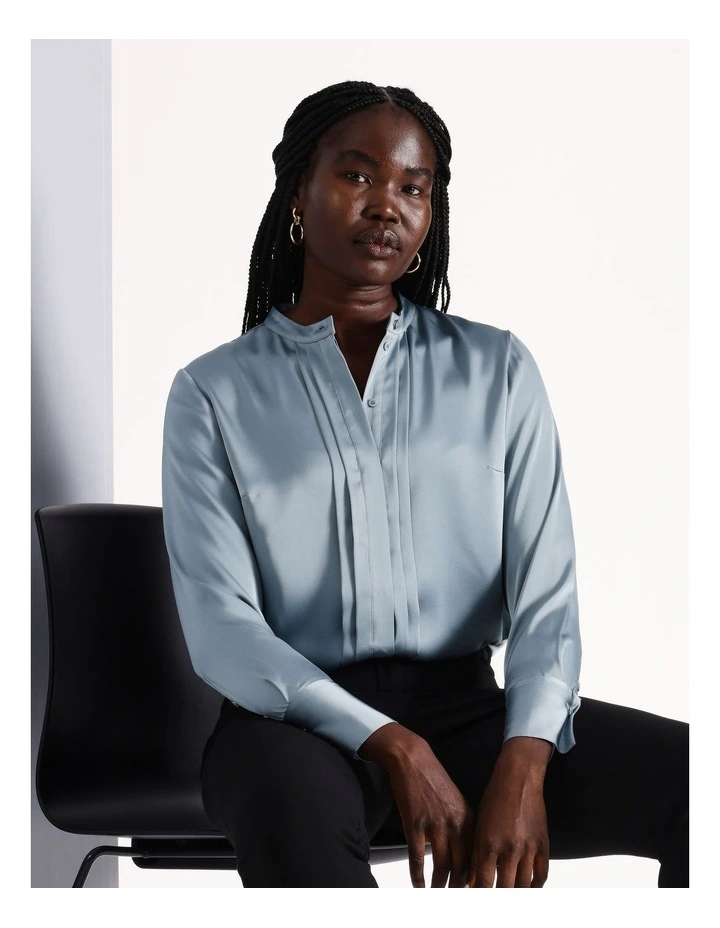 Recycled Satin Pintuck Shirt in Teal