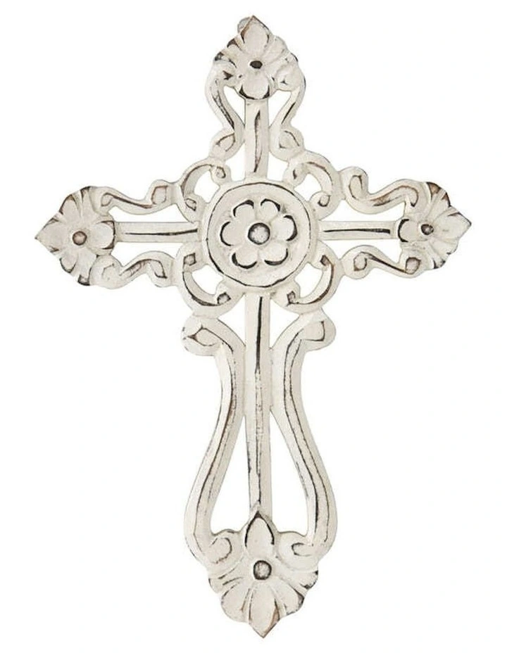 Handmade Ornate Scroll Design Wall Cross in White