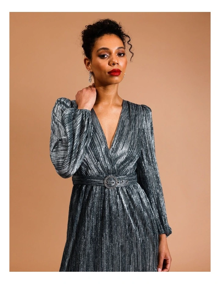Metallic Plisse Belted Maxi Dress in Blue/Silver