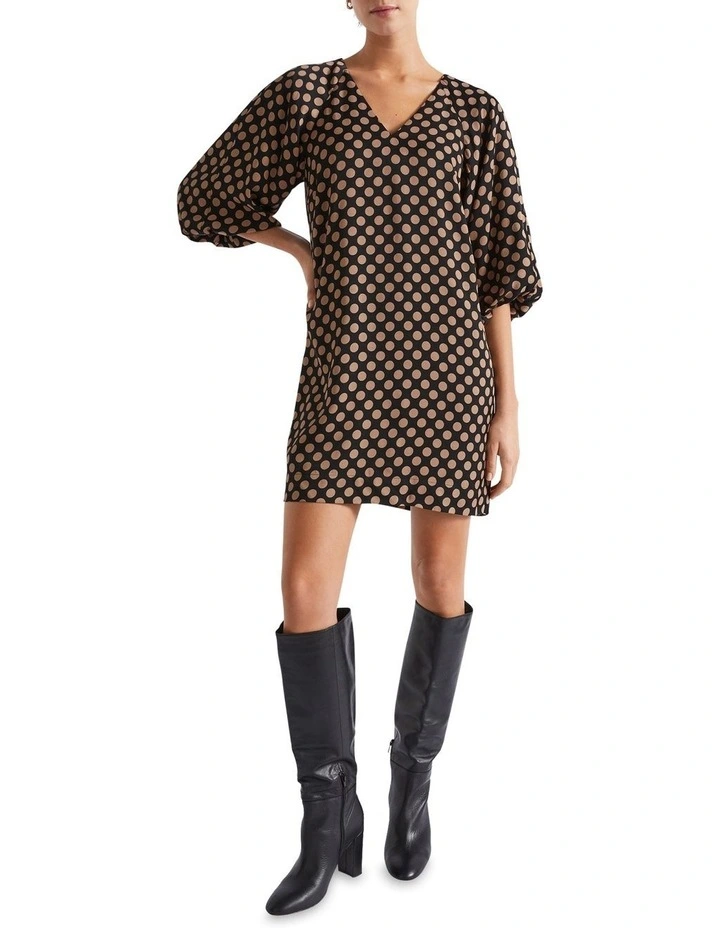 Spot Twill V-Neck Mini Dress in Macchiato Spot
